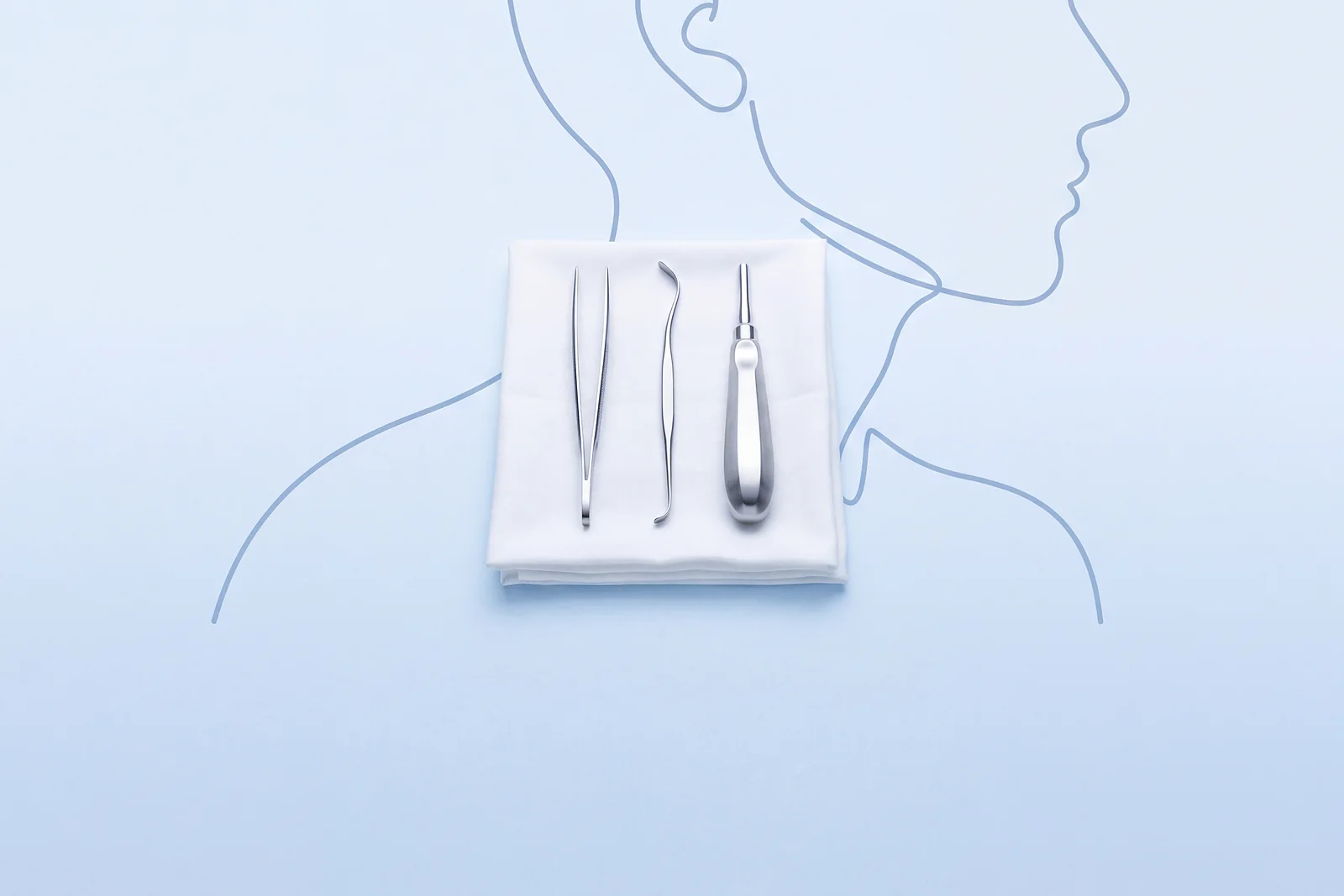 ENT instruments laid out on folded white cloth, with a line-drawn jaw and neck behind them