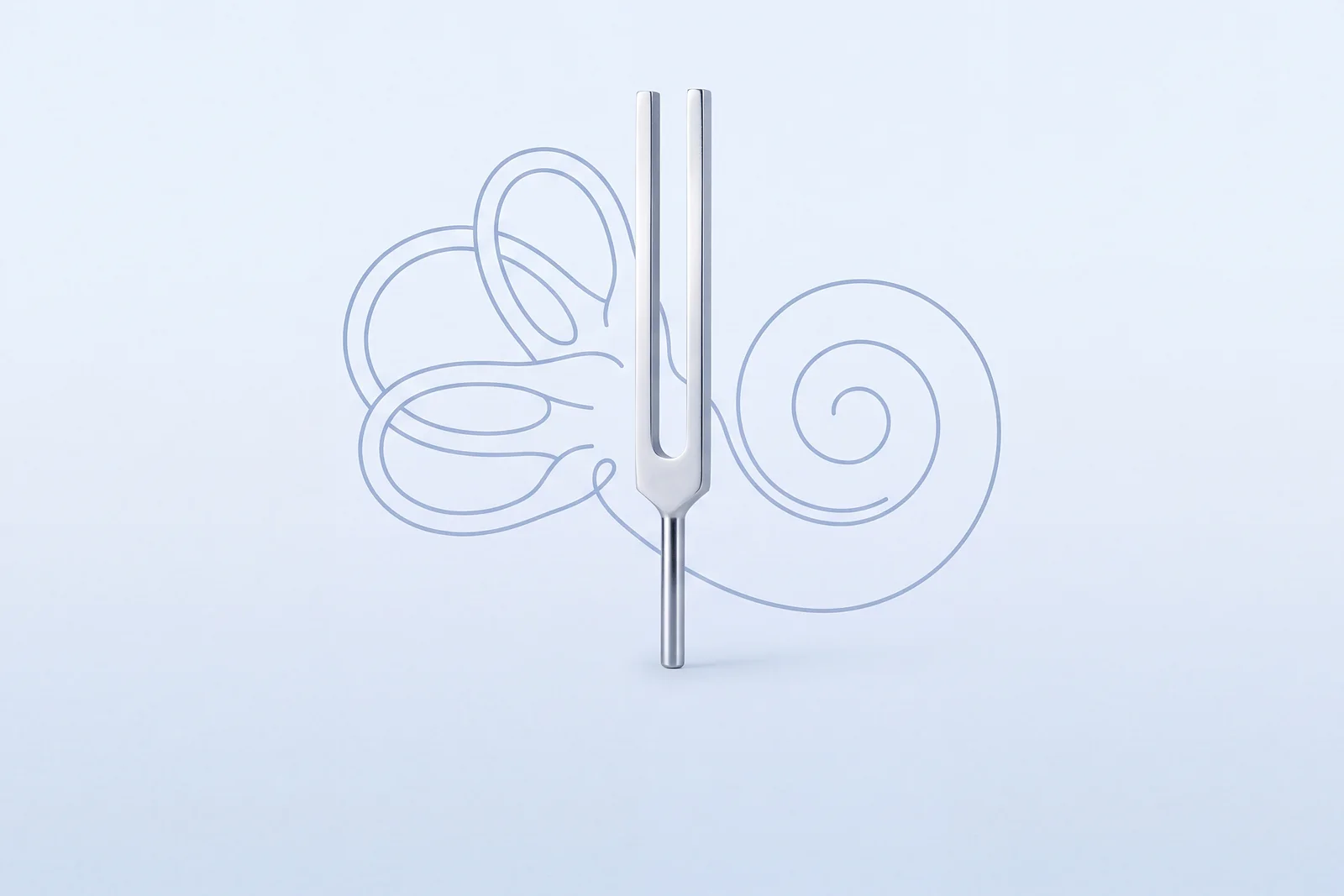 A tuning fork, with the line-drawn cochlea and balance canals of the inner ear behind it