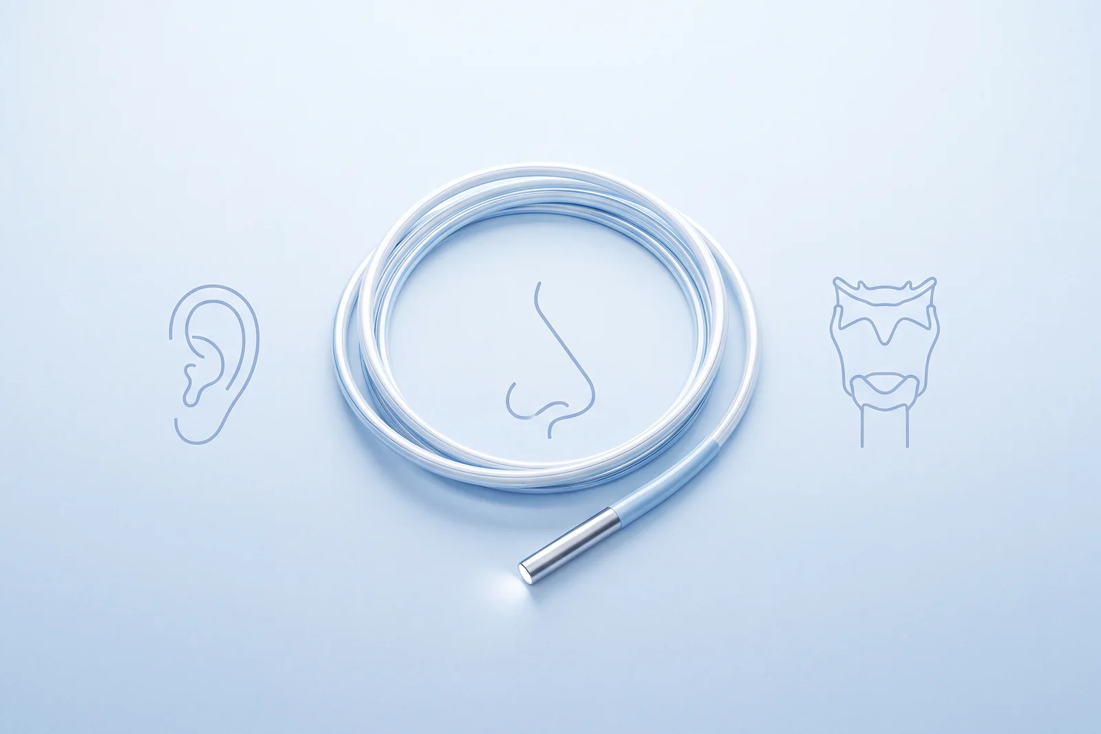 A coiled fibre-optic light cable, with line-drawn ear, nose and larynx beside it